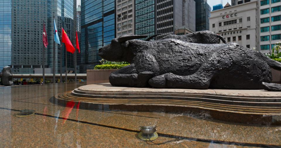 Central, Hong Kong 16 July 2019:Two buffalo statues, Exchange Square at Hong Kong Island