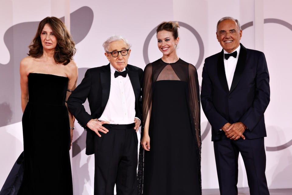 VENICE, ITALY - SEPTEMBER 04: Valerie Lermercier, Woody Allen, Lou De laage and Alberto Barbera attend  a red carpet for the movie "Coup De Chance" at the 80th Venice International Film Festival on September 04, 2023 in Venice, Italy. (Photo by Franco Origlia/Getty Images)
