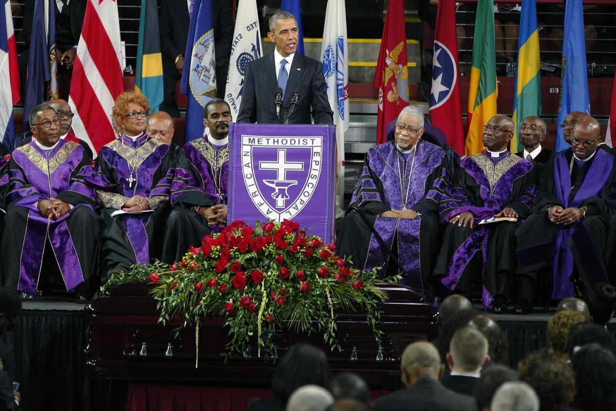 U.S.President Barack Obama speaks at the funeral of South Carolina State Senator and Rev, Clementa Pinckney at T.D. Arena in Charleston, South Carolina June, 26, 2015.