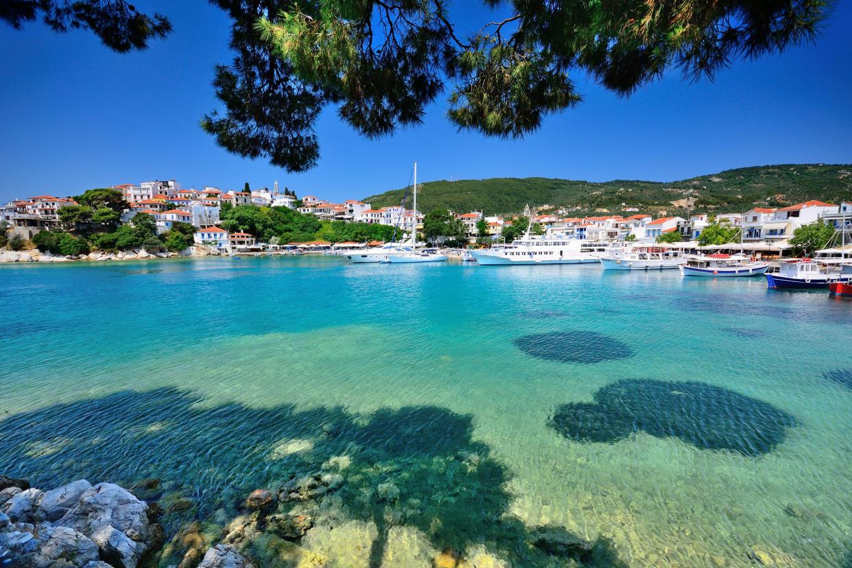 Skiathos, Greece, looking out into the bay with boats