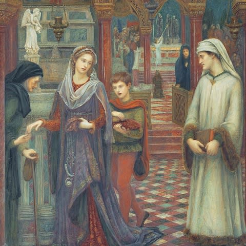 The First Meeting of Petrarch and Laura by Marie Spartali Stillman, 1889 - Credit:  The Leicester Galleries