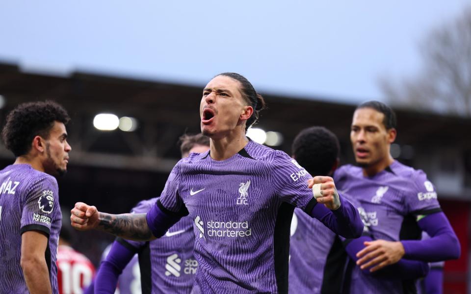 Darwin Nunez of Liverpool celebrates after scoring a goal to make it 0-1 during the Premier League match between Nottingham Forest and Liverpool FC