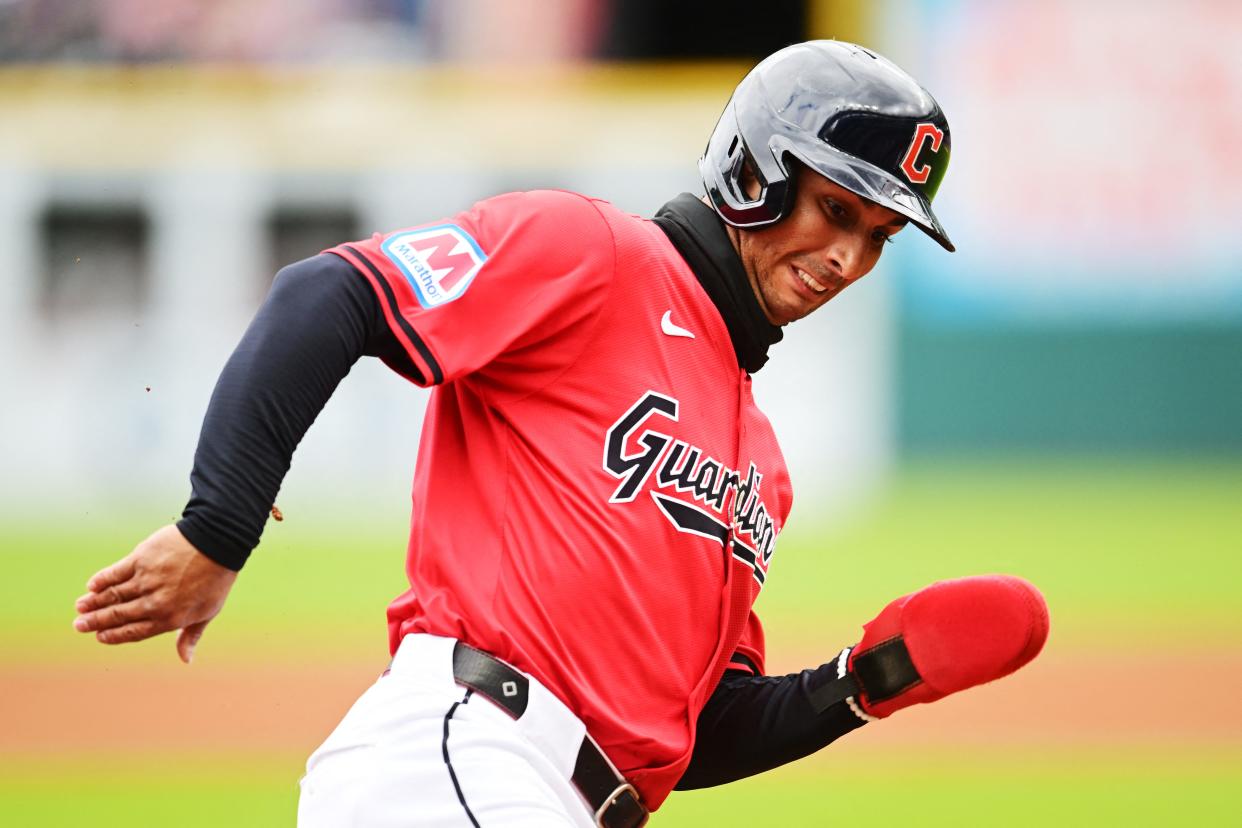 Guardians shortstop Brayan Rocchio rounds third base en route to scoring during the third inning against the Oakland Athletics, April 21, 2024, in Cleveland.