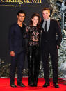 <b>Taylor Lautner, Kristen Stewart & Robert Pattinson</b><br><br>The Twilight Saga Breaking Dawn Part 2 stars stole the show. (More on <a href="http://uk.lifestyle.yahoo.com/kristen-stewart-twilight-breaking-dawn-premiere-fashion-jumpsuit-outfit-red-carpet.html" data-ylk="slk:Kristen's red carpet look;elm:context_link;itc:0;sec:content-canvas;outcm:mb_qualified_link;_E:mb_qualified_link;ct:story;" class="link  yahoo-link">Kristen's red carpet look</a>)