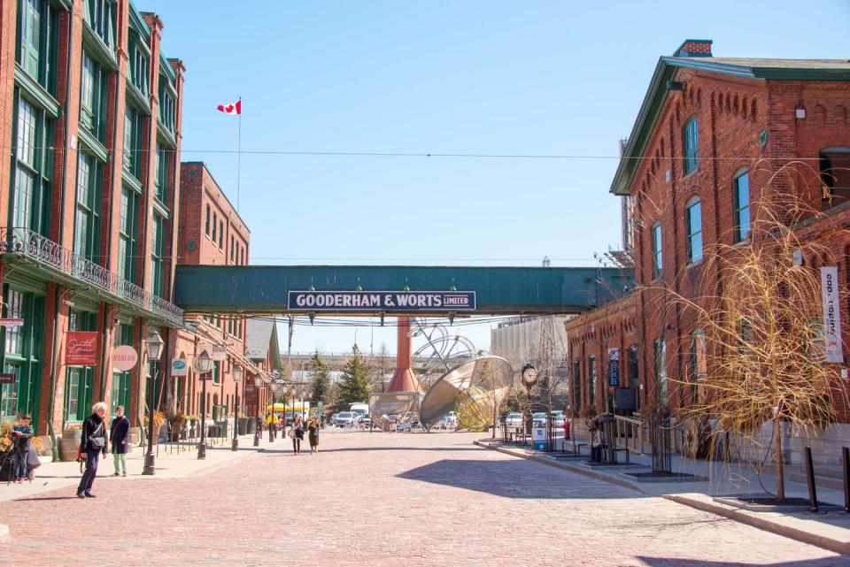 toronto, ontario, canada   20160420 distillery district destillery districk entrance, gooderham and worts vintage sign the location is a heritage site and major tourist landmark photo by roberto machado noalightrocket via getty images