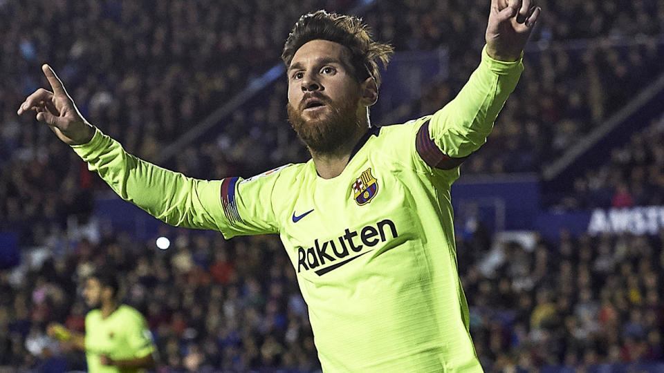 Lionel Messi celebrates after scoring his side’s second goal. (Photo by Quality Sport Images/Getty Images)