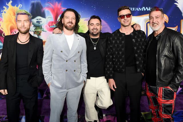 <p>Gilbert Flores/Variety via Getty</p> Lance Bass, JC Chasez, Chris Kirkpatrick, Justin Timberlake and Joey Fatone at the Trolls premiere on Nov. 15