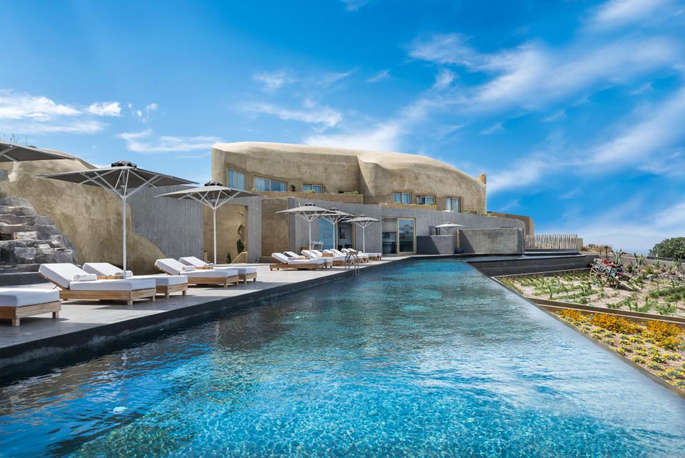The elevated Concept pool at the Adronis Santorini, where sunbathers can gaze out over the entire city.