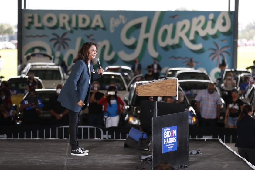 ORLANDO, FL - OCTOBER 19: Democratic U.S. Vice Presidential nominee Sen. Kamala Harris (D-CA) speaks during an early voting mobilization event at the Central Florida Fairgrounds on October 19, 2020 in Orlando, Florida. President Donald Trump won Florida in the 2016 presidential election. (Photo by Octavio Jones/Getty Images)