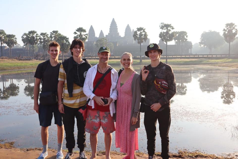 The Hamill family visiting Angkor Wat in Cambodia.