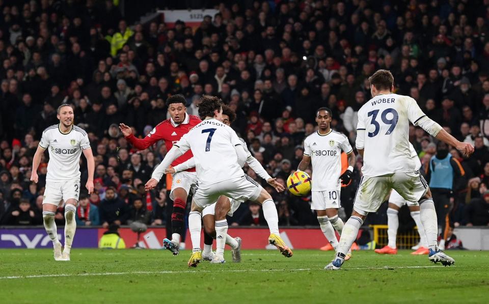 Jadon Sancho of Manchester United scores the team's second goal during the Premier League match between Manchester United and Leeds United - Michael Regan/Getty Images