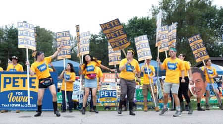 Supporters of Democratic U.S. presidential candidate Buttigieg cheer for him at Polk County Democrats Steak Fry in Des Moines, Iowa