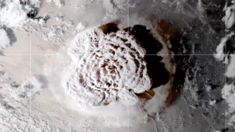 the tonga eruption, with a mushroom formation, seen from space