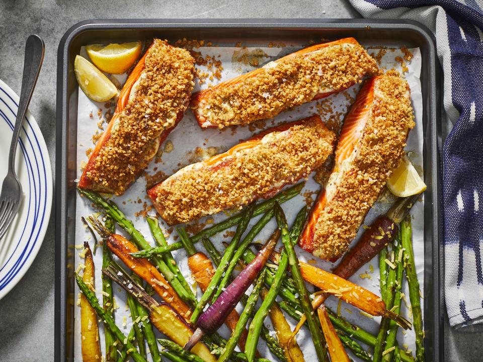 Crispy Sheet Pan Salmon with Lemony Asparagus and Carrots