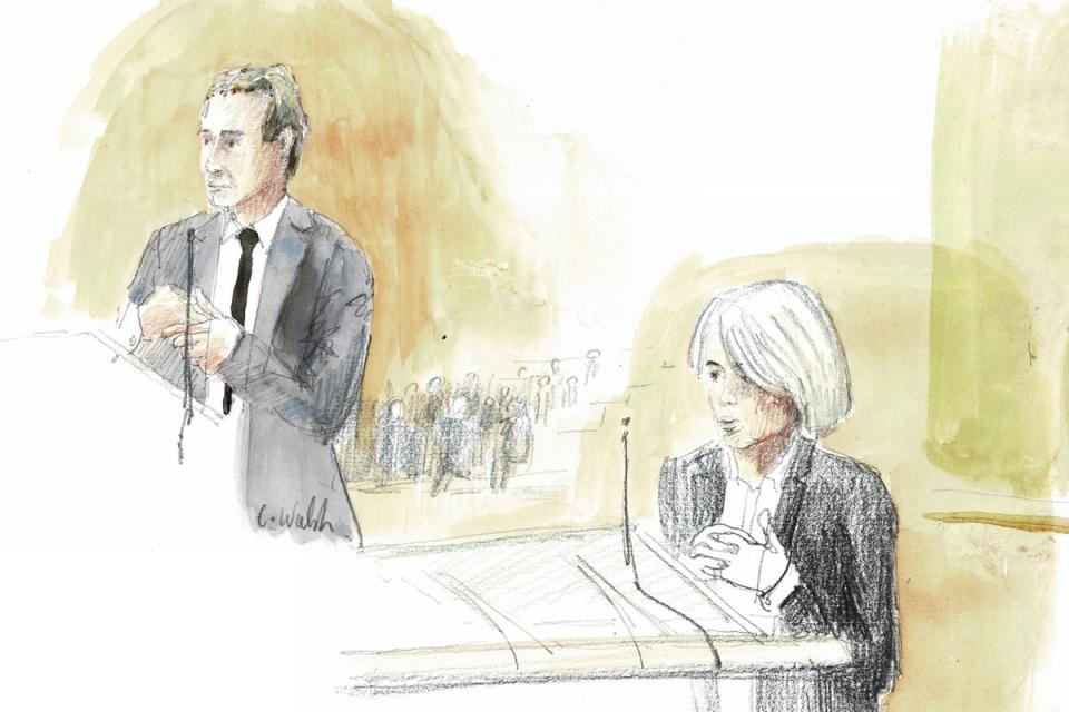 A courtroom sketch shows Air France CEO Anne Rigail, right, and Airbus CEO Guillaume Faury, left, during the first day of the trial of Airbus and Air France companies, at the Paris courthouse on 10 October (AP)