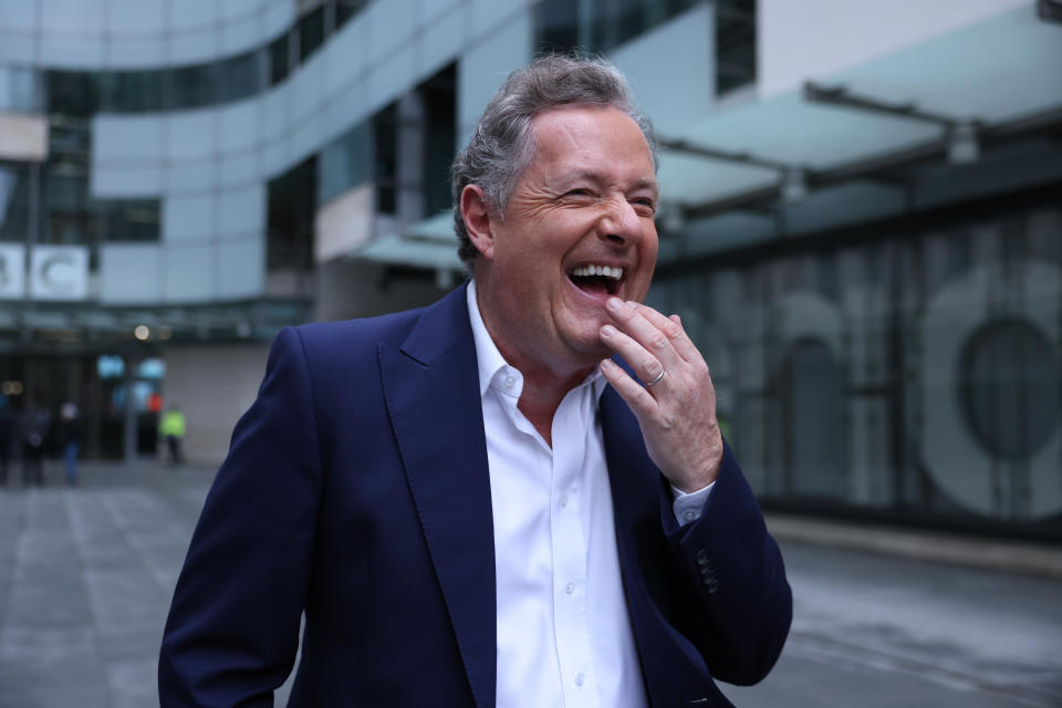 LONDON, ENGLAND - JANUARY 16: Piers Morgan takes his departure following his appearance on Sunday Morning at the BBC Broadcasting House on January 16, 2022 in London, England. Sophie Raworth, the veteran BBC journalist, is serving as the interim host of the Sunday morning political programme after the departure of Andrew Marr. (Photo by Hollie Adams/Getty Images)