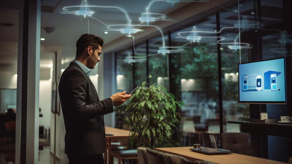 A tech expert installing a plug-and-play Wi-Fi solution in a corporate office.