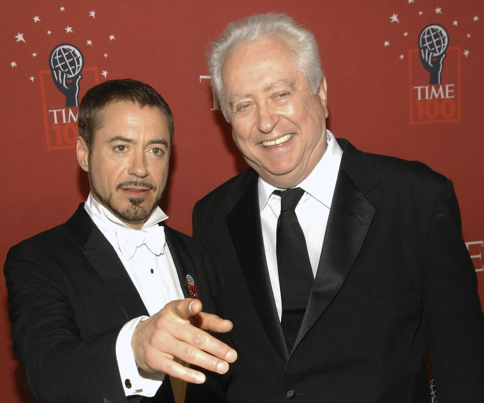 FILE - Actor Robert Downey Jr., left, and his father Robert Downey Sr. arrive at Time's 100 Most Influential People in the World Gala in New York on May 8, 2008. Downey Sr., the accomplished countercultural filmmaker, actor and father of superstar Robert Downey Jr., has died. He was 85. Downey Jr. wrote on Instagram that his father died late Tuesday in his sleep at home in New York. He had Parkinson’s disease for more than five years. (AP Photo/Evan Agostini, File)