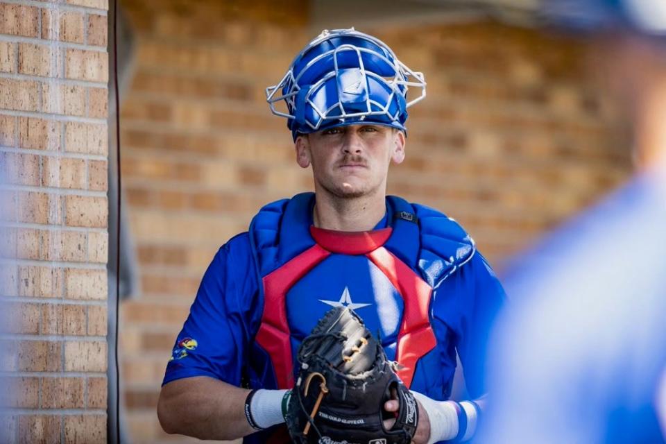 Cole Elvis looks on Wednesday as Kansas baseball went up against Texas Southern in Lawrence.