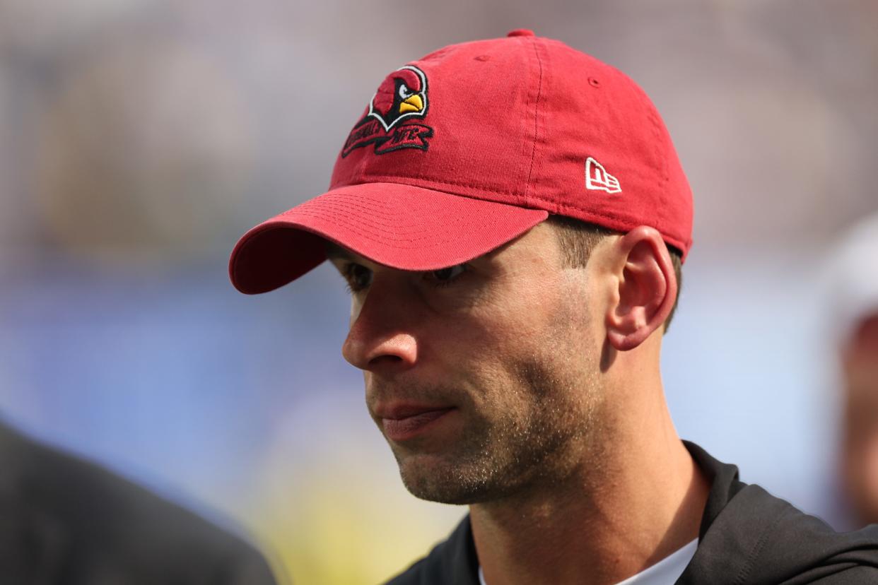 Arizona Cardinals head coach Jonathan Gannon watches during the second quarter against the Los Angeles Rams at SoFi Stadium on Oct. 15, 2023, in Inglewood, California.