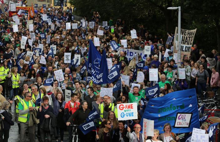 Members of the National Union of Teachers and the NASUWT, march through Brighton, East Sussex, as teachers, from four regions of England - the North East and Cumbria, the South West, South East and London, stage a fresh wave of strikes in an ongoing row over pay, pensions and working conditions.