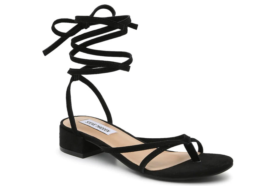 black sandals, ankle wrap, steve madden