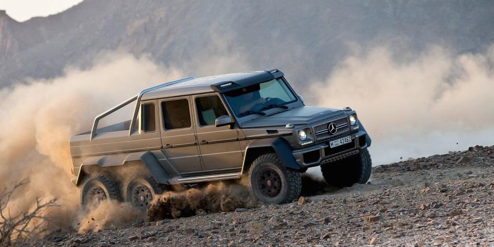 <p>The previous-generation, 577-hp Mercedes G63 was one of the silliest SUVs on sale, but add a second set of rear wheels and jack the thing up on portal axles, and you get <a href="https://www.roadandtrack.com/car-culture/videos/a8498/mercedes-benz-g63-amg-6x6-at-zandvoort/" rel="nofollow noopener" target="_blank" data-ylk="slk:a truck that's truly unhinged;elm:context_link;itc:0;sec:content-canvas" class="link ">a truck that's truly unhinged</a>. You're more likely to see one of these tearing up a Middle Eastern desert than at your local job site, but hey, it's got a bed and a tailgate.</p>