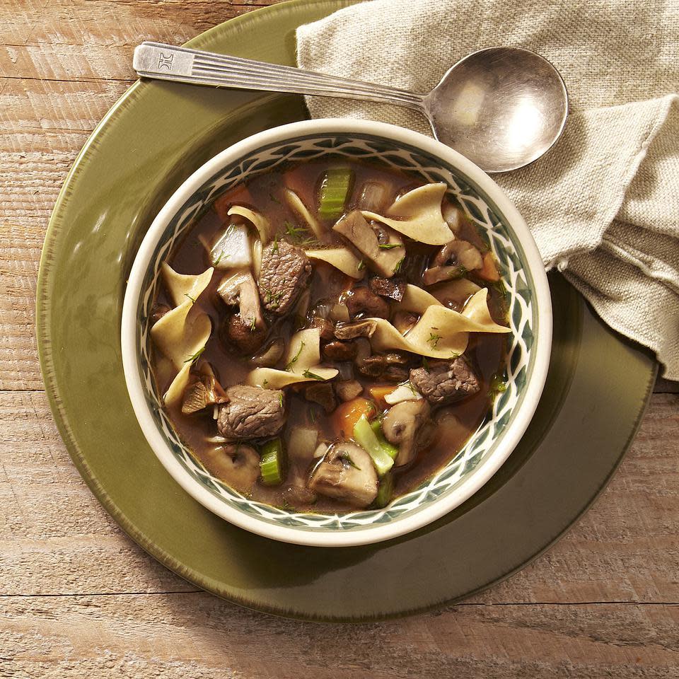 <p>You don't need much beef in this homey mushroom-beef noodle soup recipe, since mushrooms and a little Worcestershire sauce give it plenty of savory flavor. <a href="https://www.eatingwell.com/recipe/250622/mushroom-beef-noodle-soup/" rel="nofollow noopener" target="_blank" data-ylk="slk:View Recipe;elm:context_link;itc:0;sec:content-canvas" class="link ">View Recipe</a></p>