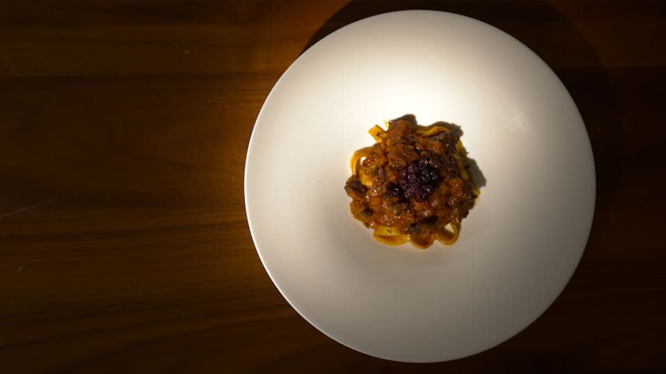 Takao’s signature turep pasta with a ragu of venison tongue and wild birch bark. - CNN