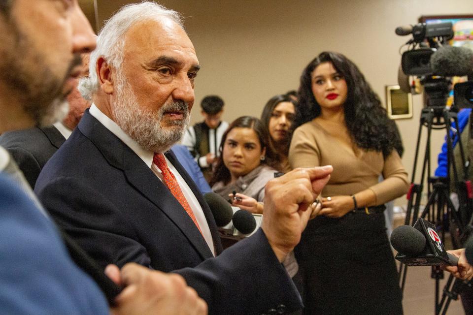 Defense attorney Joe Spencer talks to media after a scheduling hearing in the state of Texas' death penalty case against Patrick Crusius Jan. 18, 2024 at the Enrique Moreno County Courthouse in El Paso, Texas.