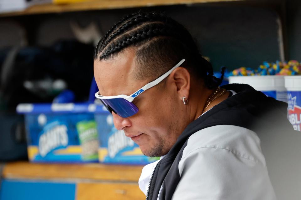 Detroit Tigers designated hitter Miguel Cabrera sits in dugout in the third inning against the Cincinnati Reds at Comerica Park in Detroit, Michigan on Sept. 14, 2023.