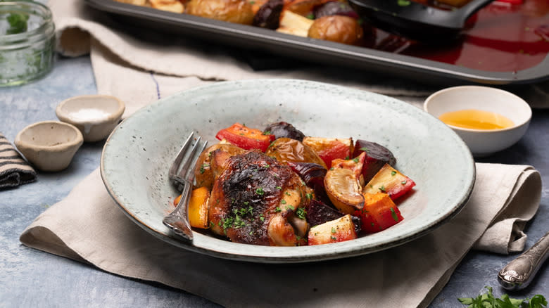 roasted honey lemon chicken and vegetables on plate