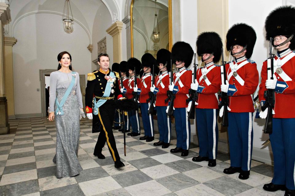 Crown Prince Frederik of Denmark and his wife Crown Princess Mary of Denmark arrive to welcome guests at Christiansborg castle in Copenhagen,