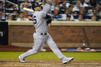 New York Yankees' Gleyber Torres watches his two-run home run against the New York Mets during the eighth inning of a baseball game Wednesday, July 27, 2022, in New York. (AP Photo/Frank Franklin II)