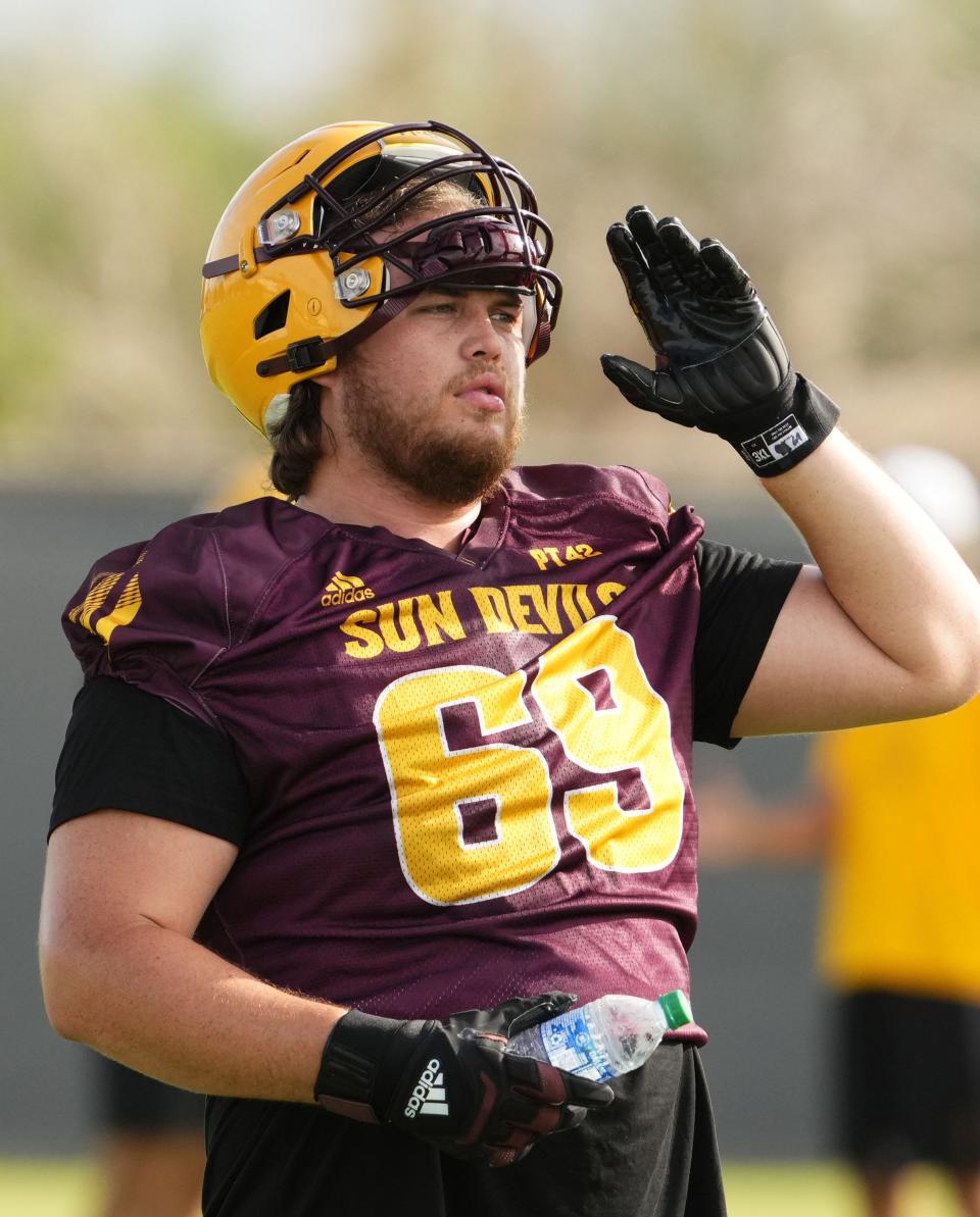 Aug 3, 2022; Tempe, Arizona, USA; Arizona State offensive lineman Joey Ramos (69) during workouts at the Kajikawa practice field.