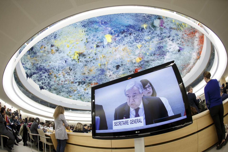 U.N. Secretary-General Antonio Guterres addresses his statement, during the opening of the High-Level Segment of the 43rd session of the Human Rights Council, at the European headquarters of the United Nations in Geneva, Switzerland, Monday, Feb. 24, 2020. (Salvatore Di Nolfi/Keystone via AP)