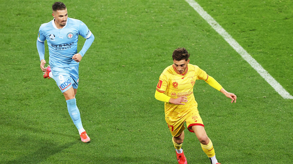 Josh Cavallo, pictured here in action for Adelaide United against Melbourne City.