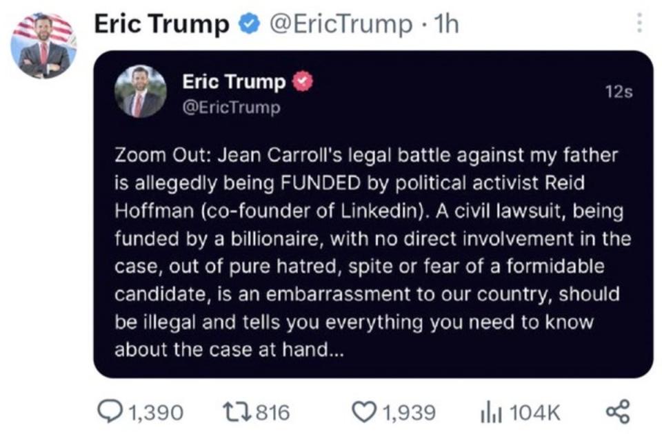 Eric Trump appears to have deleted his tweet (Twitter)