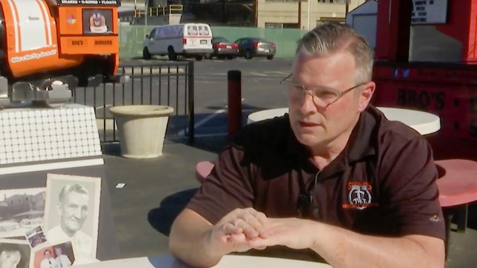 In this photo made from video and provided by WOWK13News, West Virginia Del. John Mandt Jr., speaks to a reporter, in Huntington, W.Va. Undeterred by homophobic comments a state lawmaker had made online, West Virginia voters put him back in the state legislature two months after he resigned. The outcome of the Nov. 3 election has left Republican leaders in a bind. (WOWK13News via AP)