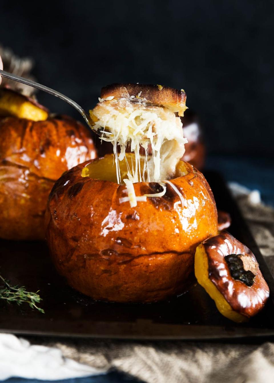 Cheesy Bread Pudding Stuffed Pumpkin