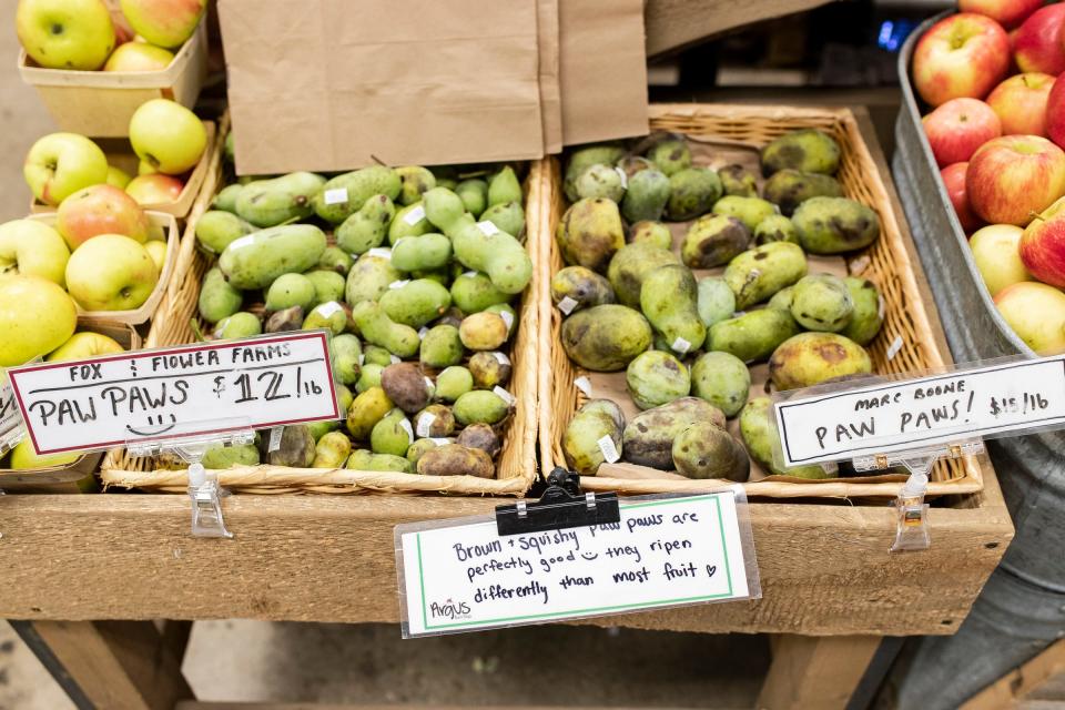 Pawpaws from at Fox and Flower Farms and local farmer Marc Boone's orchard for sale at Argus Farm Stop in Ann Arbor on Thursday, Oct. 5, 2023.