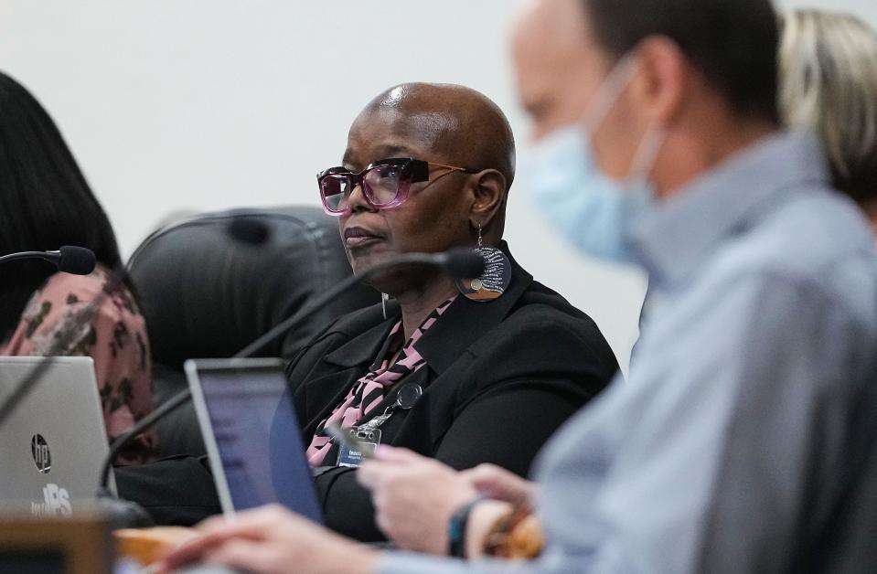 Indianapolis Public Schools vice president Angelia Moore listens to speakers during public comment Thursday, Jan. 19, 2023 at the Board Room of the John Morton-Finney Center for Educational Services in Indianapolis. 