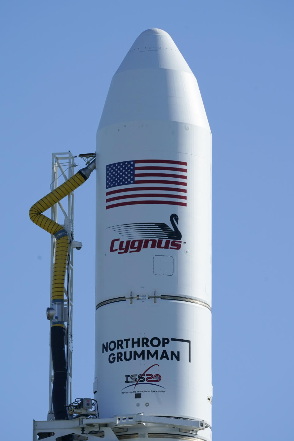 Northrup Grumman's Antares rocket is poised for launch at the NASA Wallops test flight facility Thursday, Oct. 1, 2020, in Wallops Island, Va. The rocket is set to launch Thursday evening to deliver supplies to the International Space Station. (AP Photo/Steve Helber)