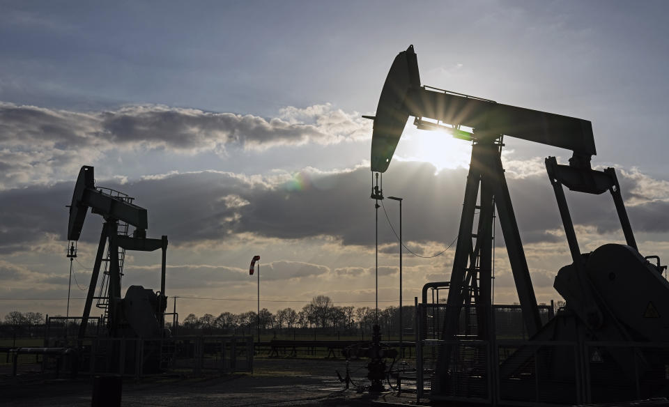 FILE - A pumpjack of Wintershall DEA extracts crude oil at an old oil field in Emlichheim, Germany, March 18, 2022. Oil prices are creeping higher and raising concerns about the impact on inflation’s cooling trajectory, consumers’ wallets and the Federal Reserve’s interest rate policy. (AP Photo/Martin Meissner, File)