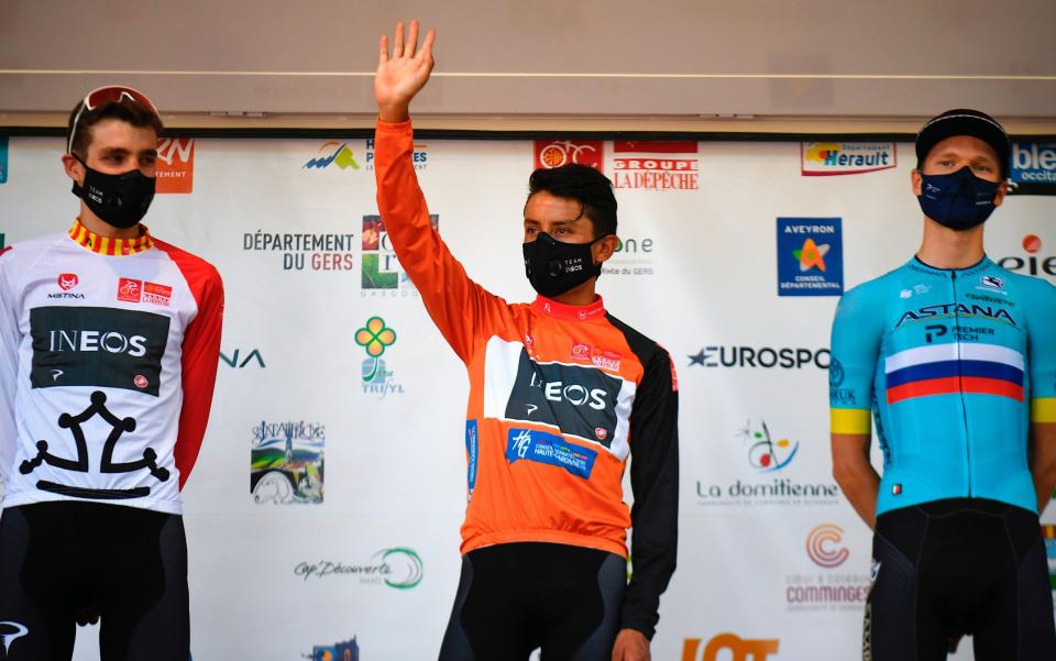 Colombian rider Egan Bernal (C) of Team Ineos celebrates on the podium the overall win following the 4th and last stage of La Route d'Occitanie La Depeche du Midi cycling race, over 195 km between Lectoure and Rocamadour, southern France, 04 August 2020 - Egan Bernal in good form ahead of Tour de France as he holds on for Route d’Occitanie victory - SHUTTERSTOCK