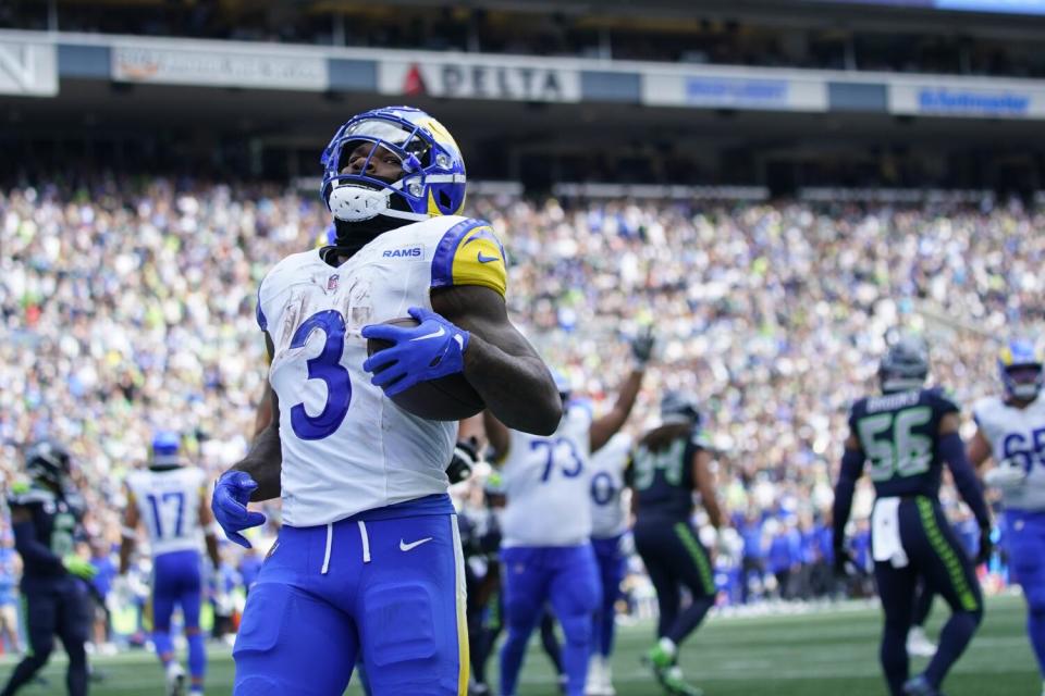 Rams running back Cam Akers scores a touchdown against the Seahawks on September 10.