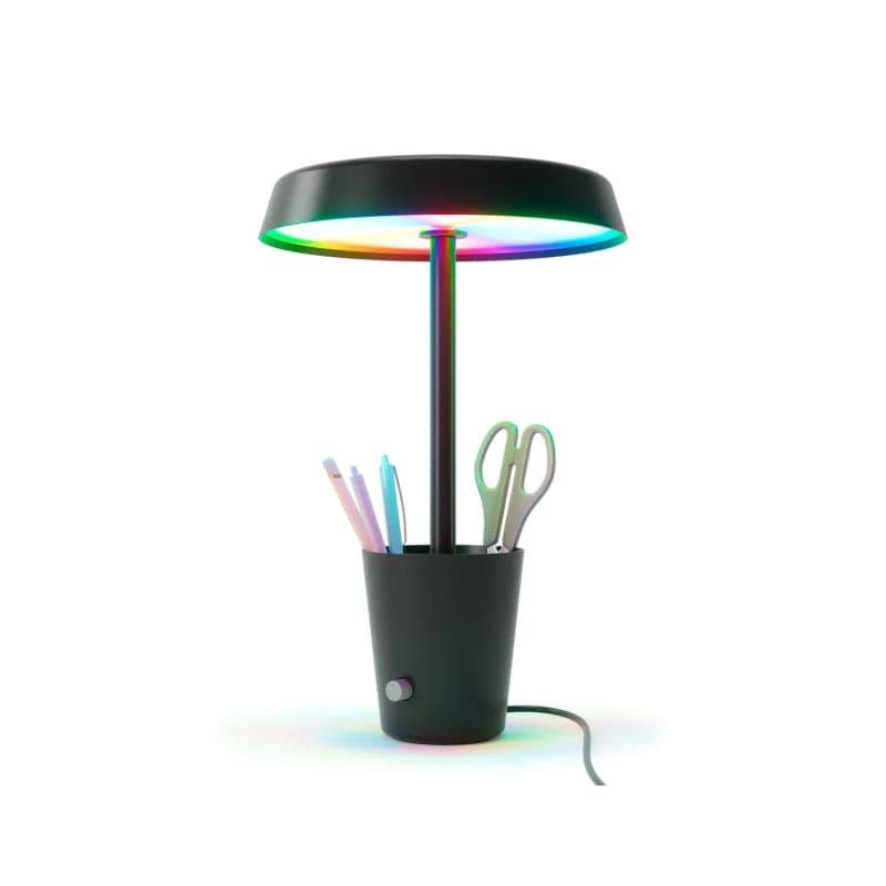 Black lamp with attached cup for office supplies