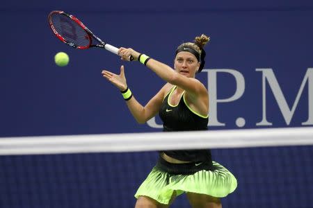 Sep 4, 2016; New York, NY, USA; Petra Kvitova of the Czech Republic hits a forehand against Angelique Kerber of Germany (not pictured) on day seven of the 2016 U.S. Open tennis tournament at USTA Billie Jean King National Tennis Center. Mandatory Credit: Geoff Burke-USA TODAY Sports