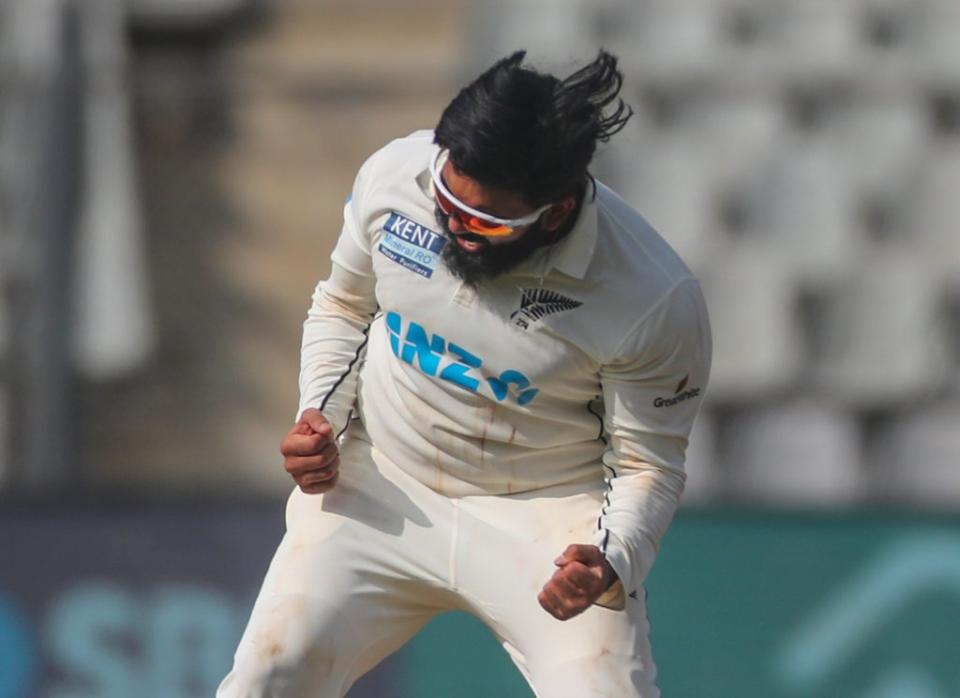 New Zealand’s Ajaz Patel finished with 14 wickets in the match (Rafiq Maqbool/AP). (AP)