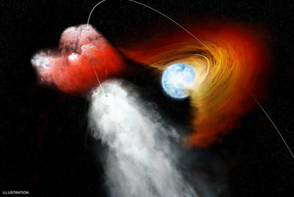 A pulsar rams into a disk of dust encircling a star, whisking it away in this artist's impression. Data from the Chandra X-ray Observatory shows this collision, and its aftermath, in a new series of observations.